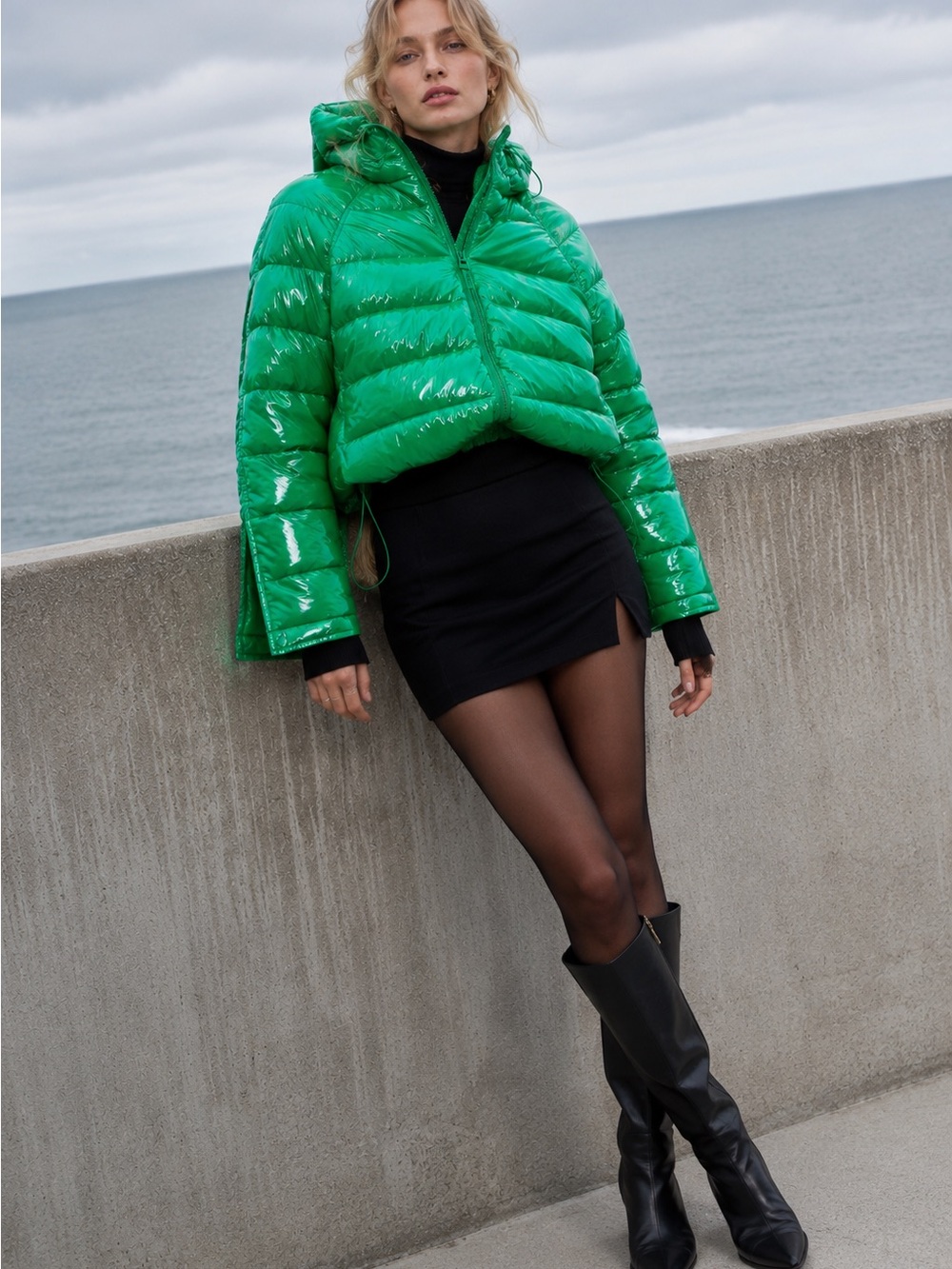 ZARA PUFFER HOOD WATER-REPELLENT QUILTED JACKET GREEN